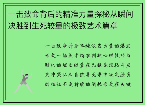 一击致命背后的精准力量探秘从瞬间决胜到生死较量的极致艺术篇章 一击致命背后的精准力量探秘从瞬间决胜到生死较量的极致艺术篇章